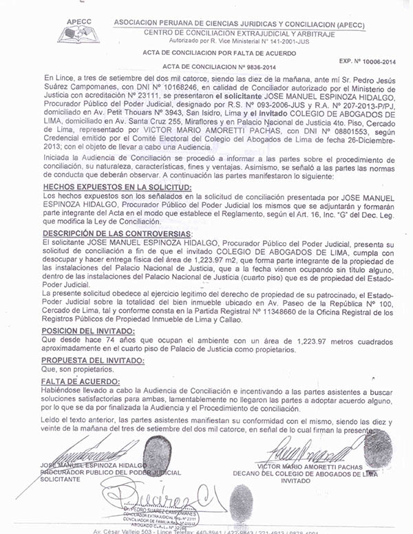 Acta de Conciliación entre el Colegio de Abogados de Lima y el Poder Judicial