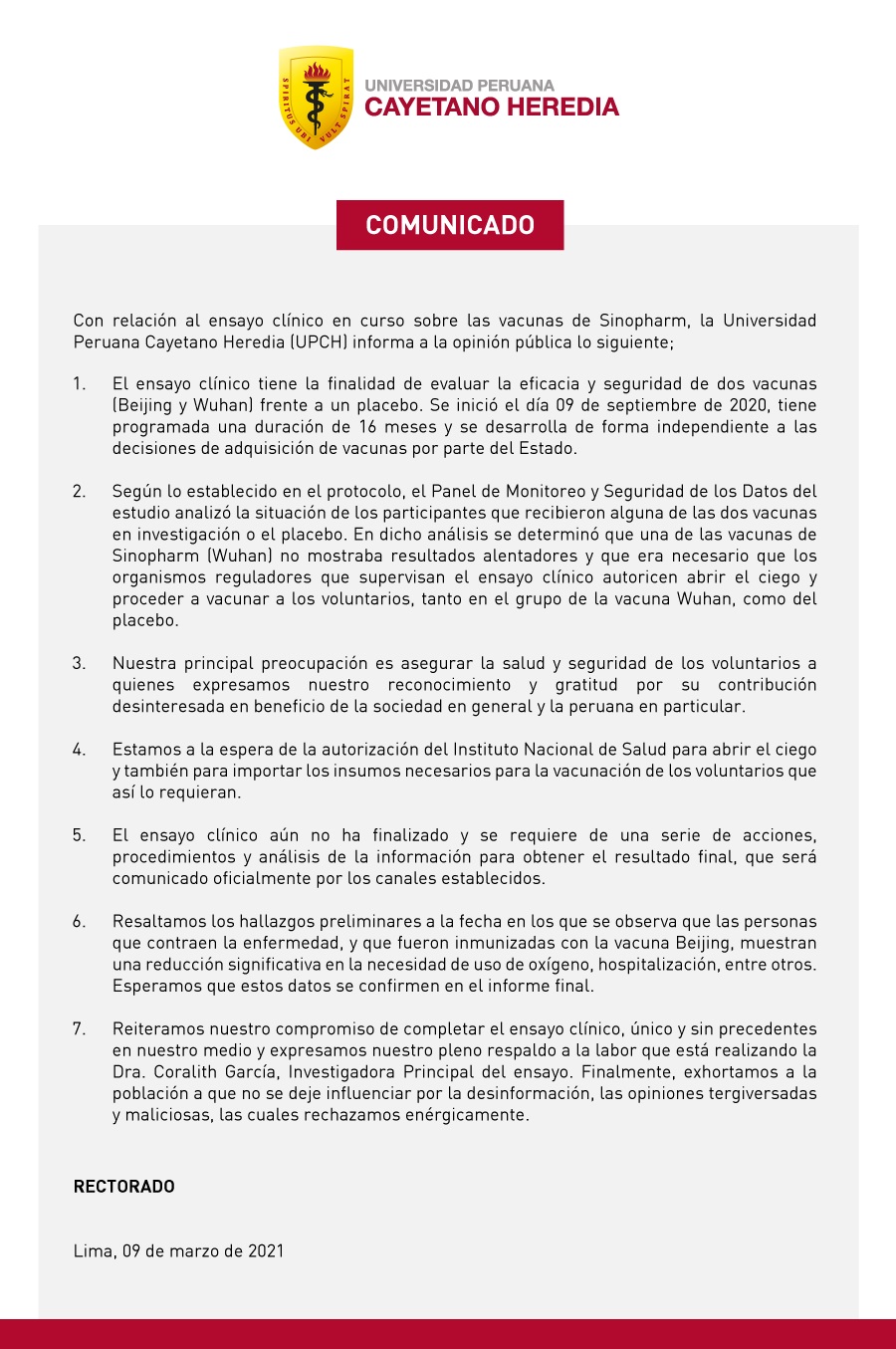 UPCH sobre vacuna Sinopharm