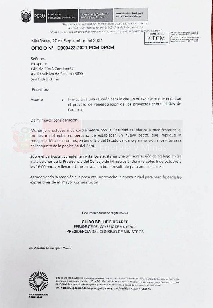 Oficio de la PCM por Camisea